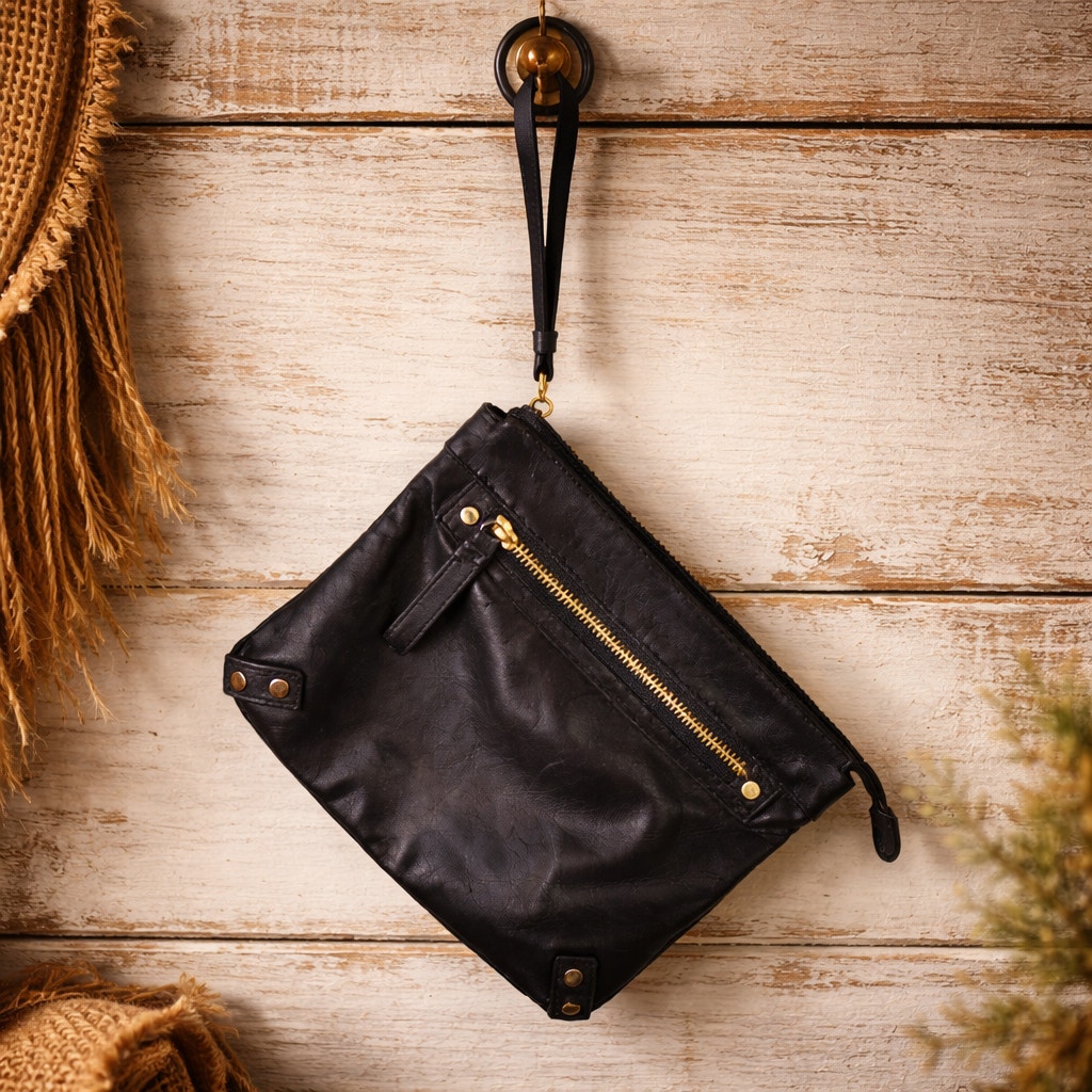 Club Monaco Black Buttery Soft Leather Clutch Purse With Wrist Handle 11" X 8.5"